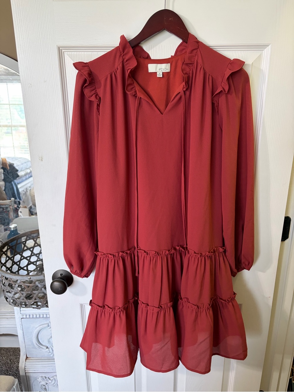 Worn once Women's Ruffle Tiered Long Sleeve Dress - Rust